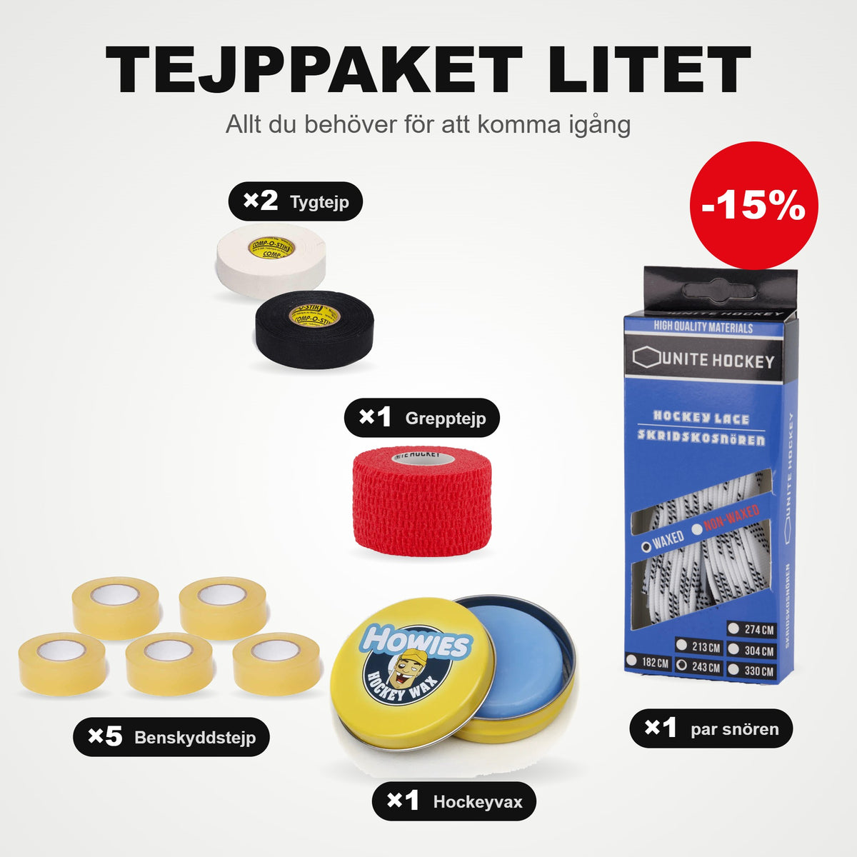 Petit pack de ruban : 5 Ruban protège-tibias, 2 rubans en tissu, 1 ruban grip, 1 paire de lacets de patins et cire de hockey