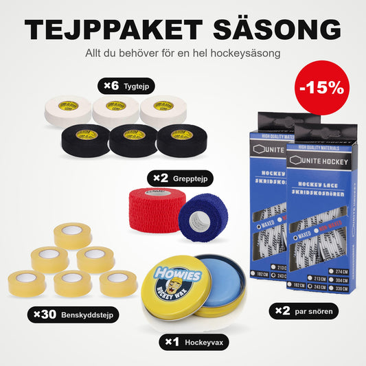 Tapepakket Seizoen: 30 scheen-tape, 6 textieltape, 2 grip-tape, 2 paar veters en hockeywax